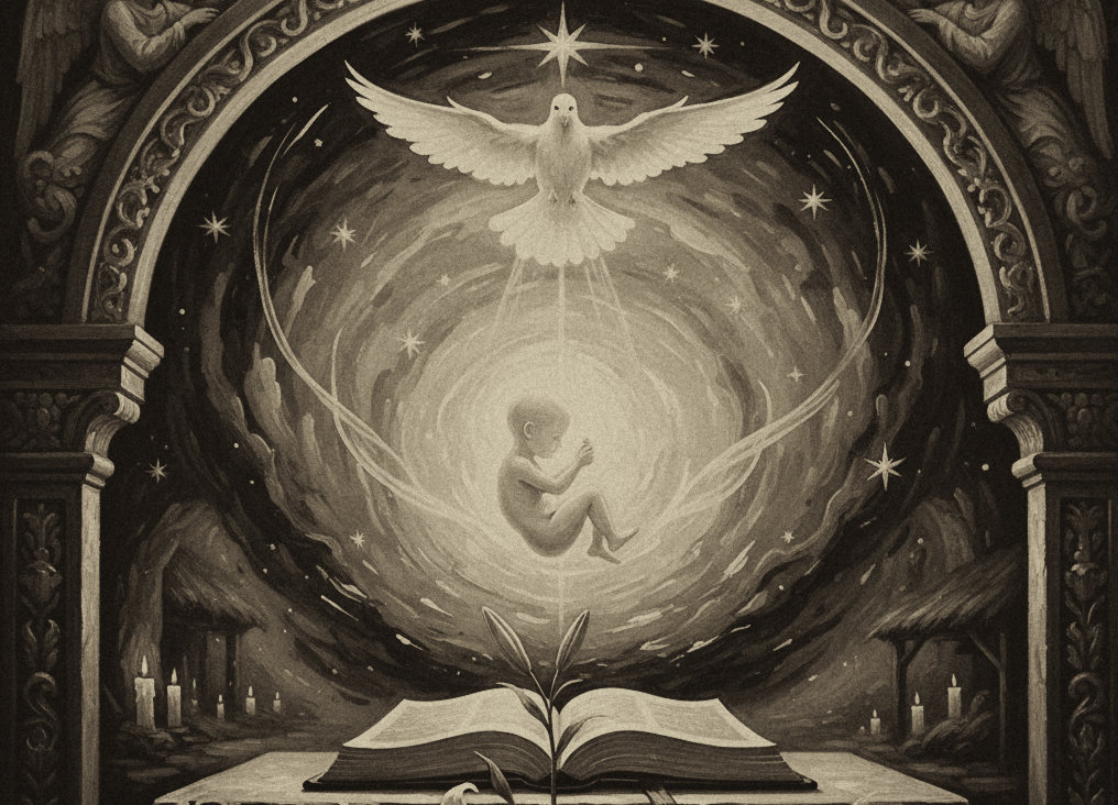 Ästhetische, leuchtende Darstellung der Inkarnation: Ein Säugling schwebt in einem goldenen Lichtwirbel unter der Taube des Heiligen Geistes, umrahmt von einem Bogen mit Engeln und ruhend über einer offenen Bibel auf einem Steinaltar.